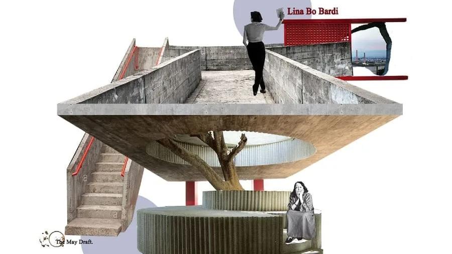 Colagem com Lina Bo Bardi sobre elementos de suas obras: escada, laje de concreto, árvore e pilares vermelhos