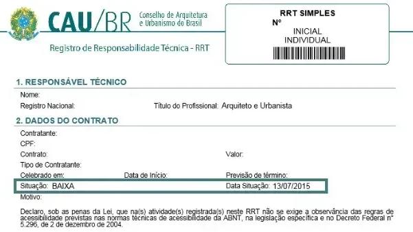 Modelo de formulário de RRT do CAU/BR Cabeçalho de um formulário de RRT Simples do CAU/BR com os campos de responsável técnico, contrato e situação de baixa