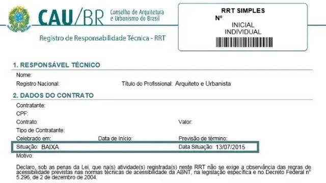 Foto da Registro de Responsabilidade Técnica (RRT)