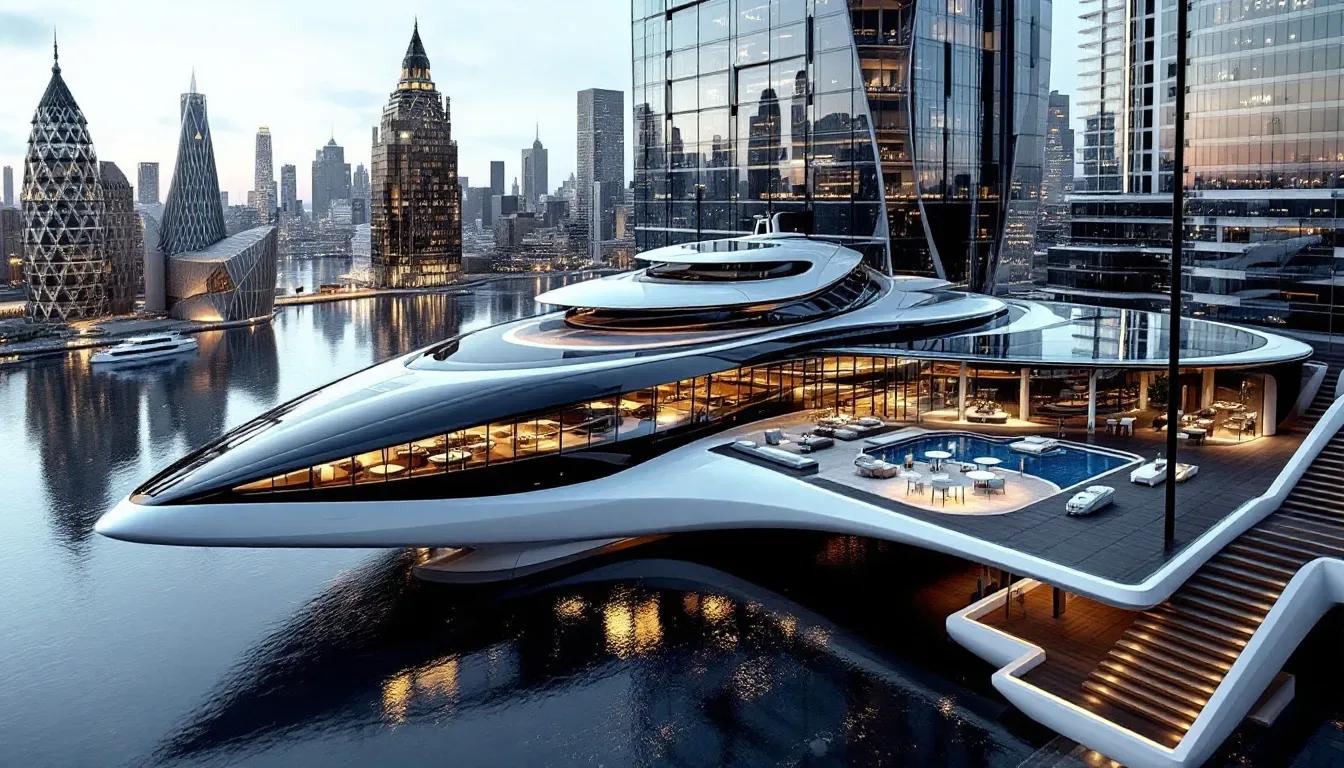 Ilustração de arquitetura inspirada em iates Ilustração digital de edifício futurista com formato de iate sobre a água, cercado por torres de vidro