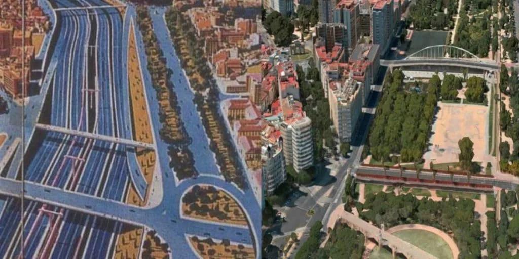 Ilustração de uma autopista com várias pistas ocupando o antigo leito do rio entre os prédios de Valência