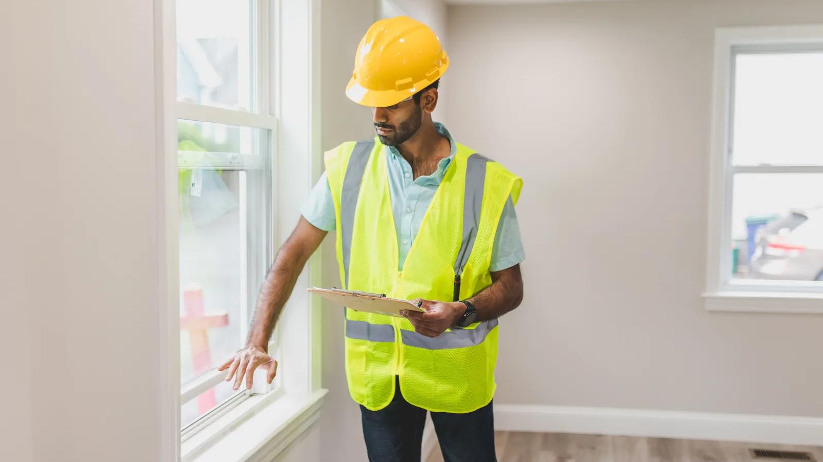 Inspeção de imóvel dentro de um apartamento Profissional de capacete amarelo e colete refletivo, com uma prancheta na mão, confere o caixilho de uma janela dentro de um apartamento vazio