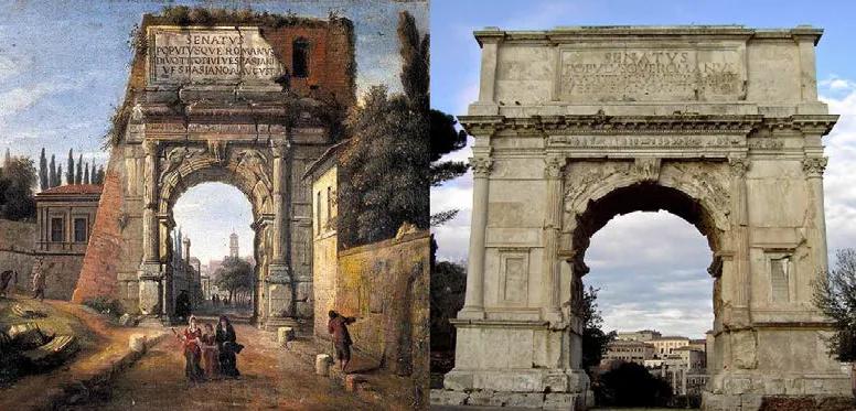 Arco de Tito em Roma antes e depois da restauração do século XIX