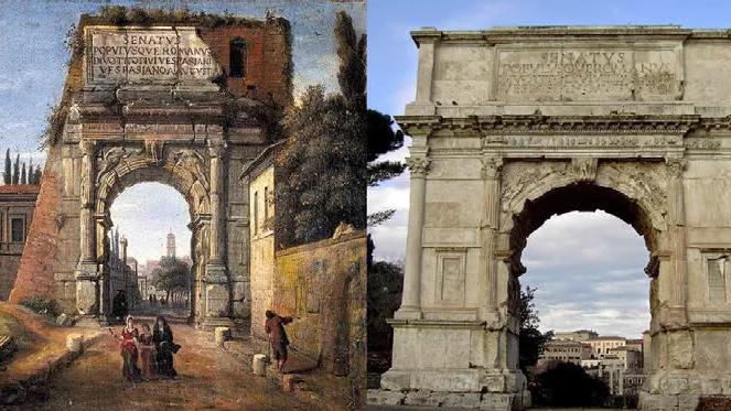 Arco de Tito em Roma antes e depois da restauração: pintura antiga à esquerda e foto atual à direita