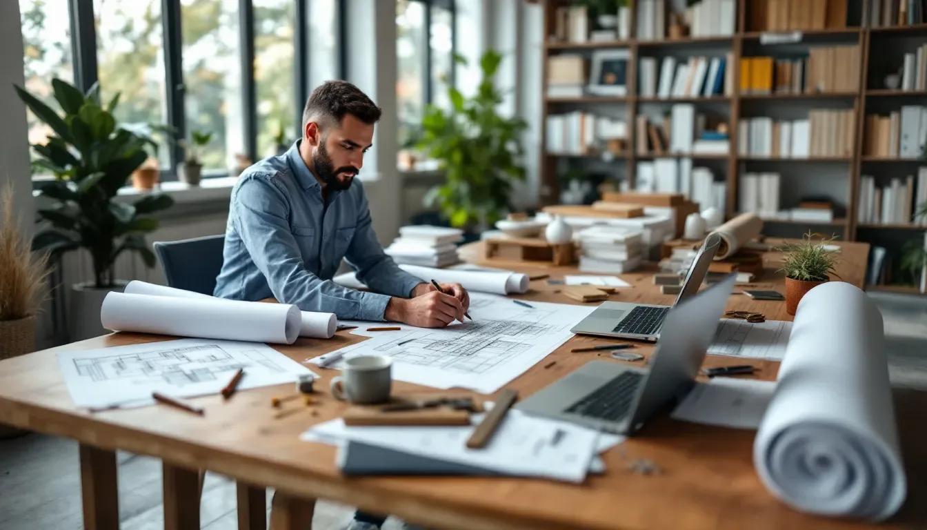 Arquiteto desenhando um projeto em mesa com plantas enroladas e notebooks