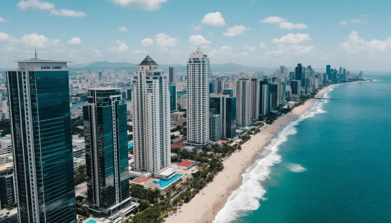 Ilustração de orla com arranha-céus de vidro e concreto junto a uma praia de areia clara e mar azul