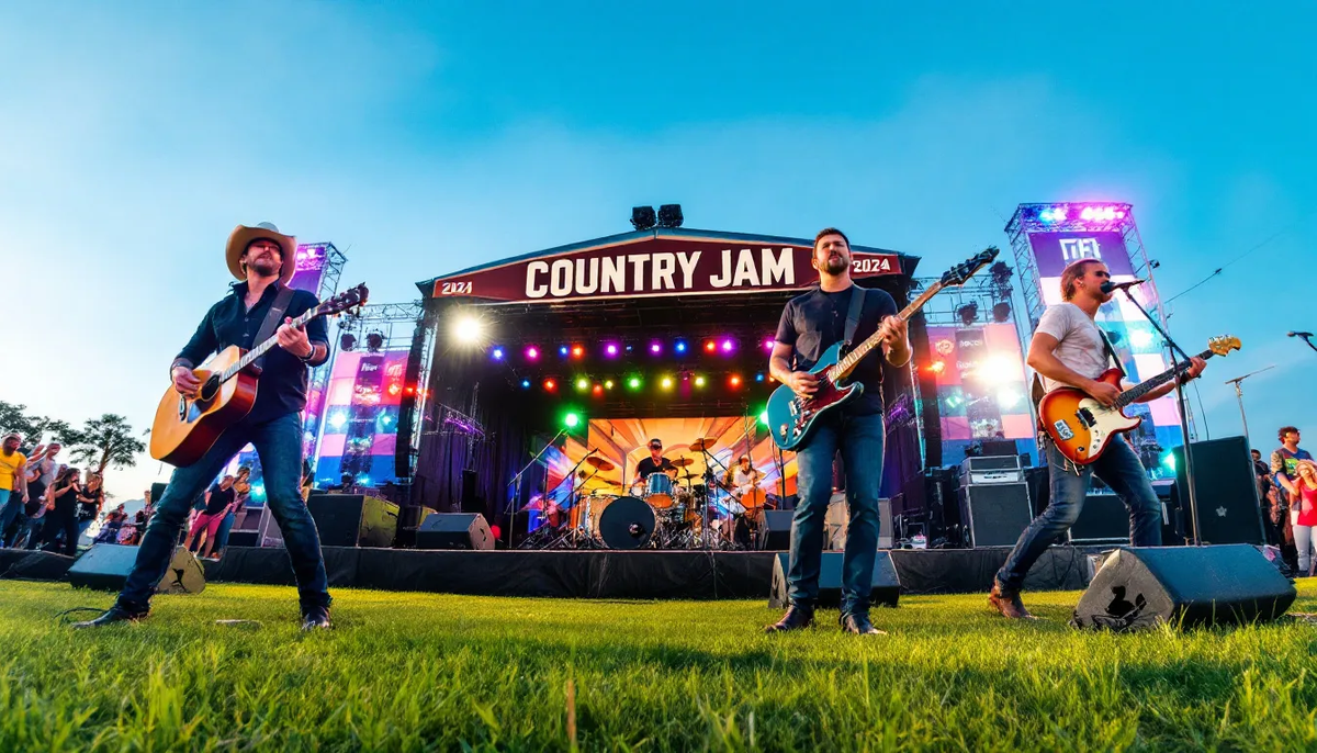 Um grande festival de música country ao ar livre apresenta músicos animados tocando em um palco, com uma multidão vibrante ao redor. O evento destaca a importância da qualidade de vida e o impacto de vizinhança, promovendo o bem-estar e a interação entre os residentes da área urbana.