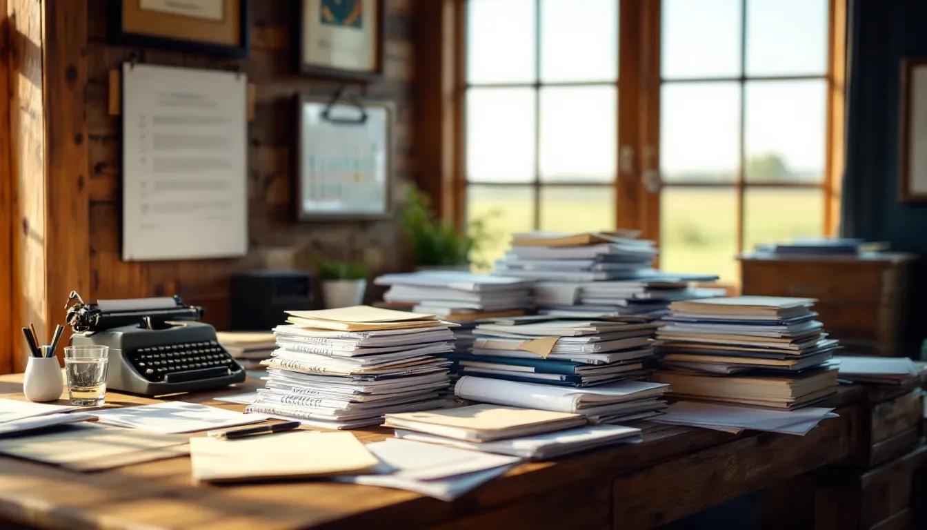 Mesa de escritório rural com pilhas de documentos, papéis e uma máquina de escrever antiga