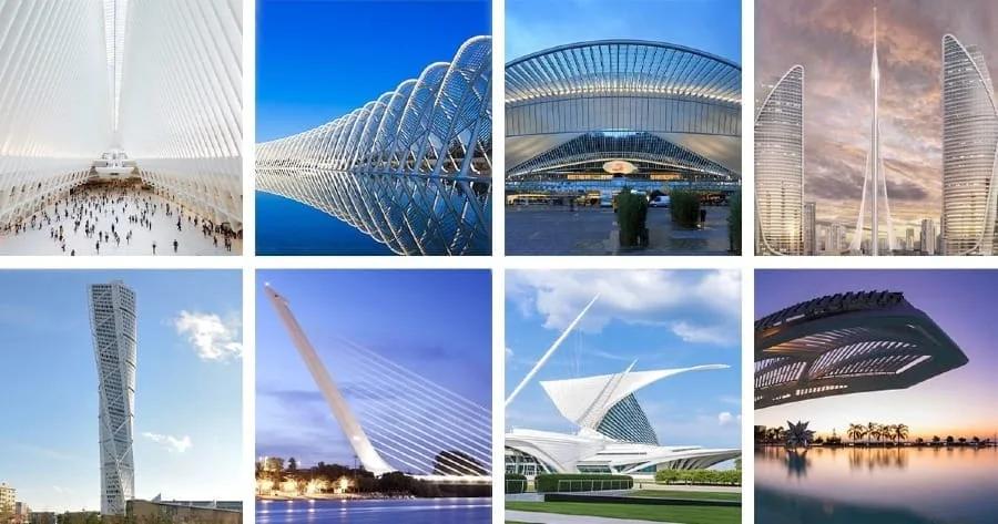 Mosaico com oito obras de Calatrava, entre elas o interior do Oculus, o Turning Torso, o Milwaukee Art Museum e o Museu do Amanhã