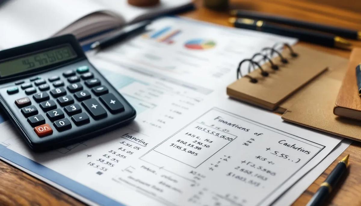 Uma mesa está coberta com uma calculadora e vários documentos que mostram cálculos financeiros relacionados à depreciação de imóveis e avaliação de valor de mercado. Os papéis incluem tabelas e fórmulas que ajudam na análise do estado de conservação e vida útil dos bens.