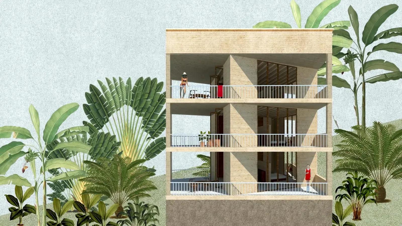 Colagem de edifício de três pavimentos com varandas e pessoas, cercado por palmeiras e plantas tropicais desenhadas