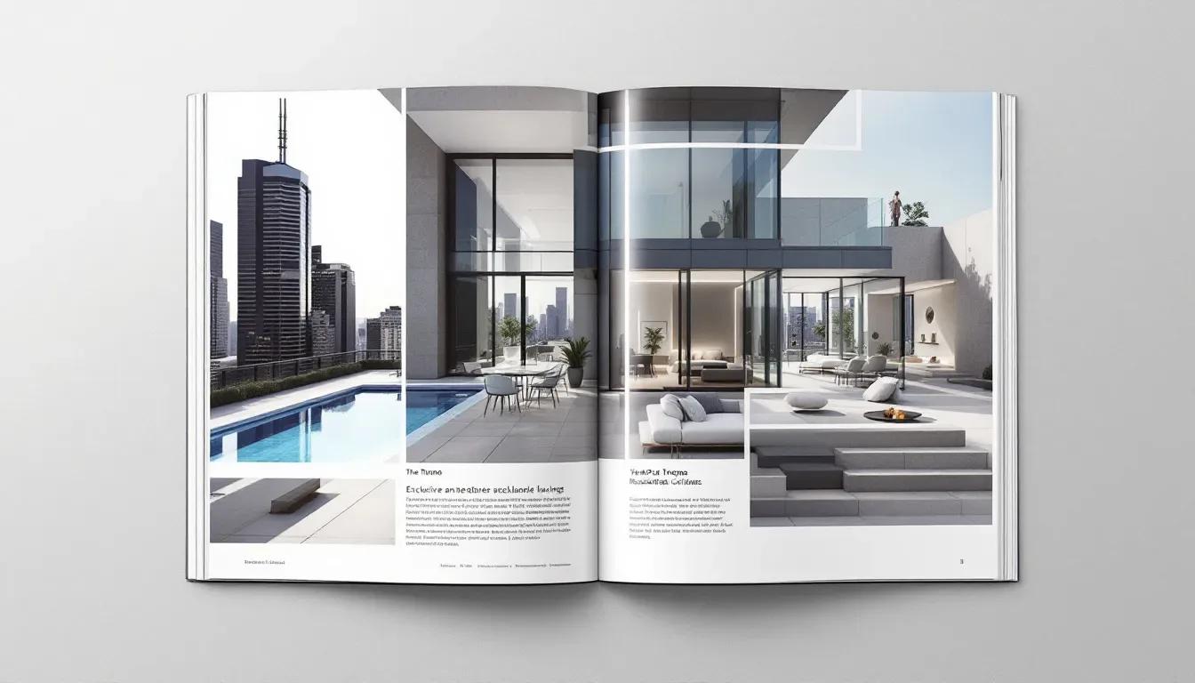 Ilustração de revista aberta com fotos de apartamento de luxo, piscina em terraço e ambientes integrados