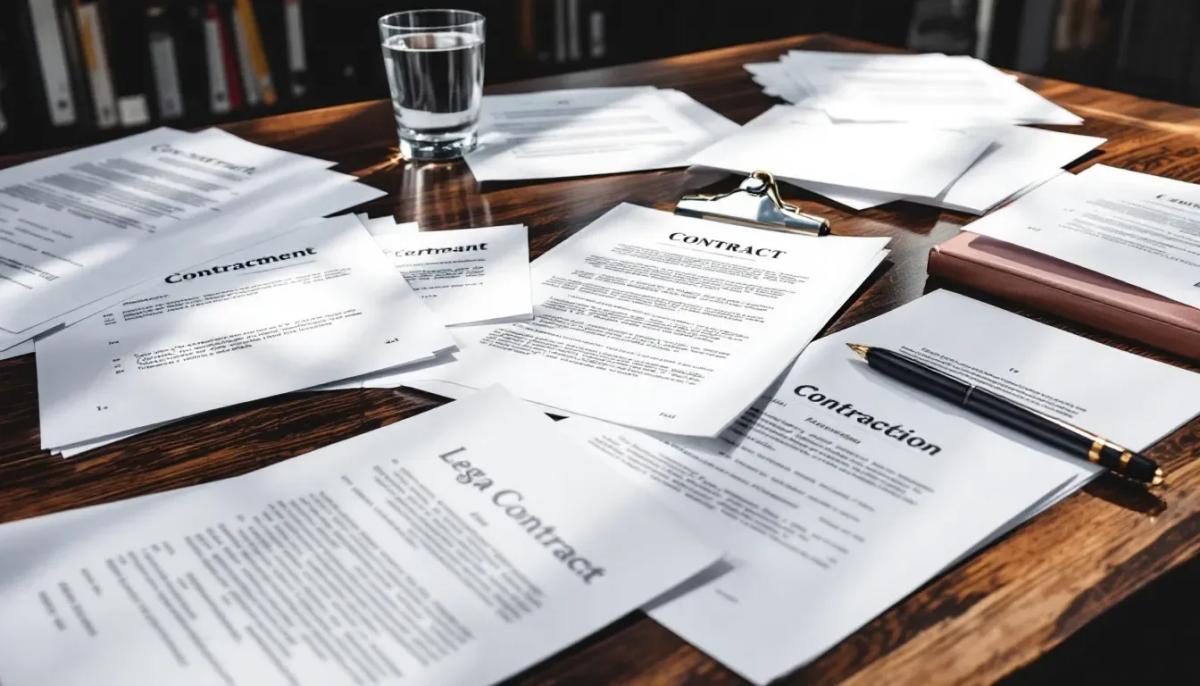 Uma mesa está coberta com documentos legais e contratuais, incluindo contratos sociais e informações sobre a criação de uma holding, refletindo a estrutura organizacional e os objetivos de planejamento tributário e sucessório de um negócio. Os papéis representam a gestão de ativos e o controle acionário dentro de uma empresa.