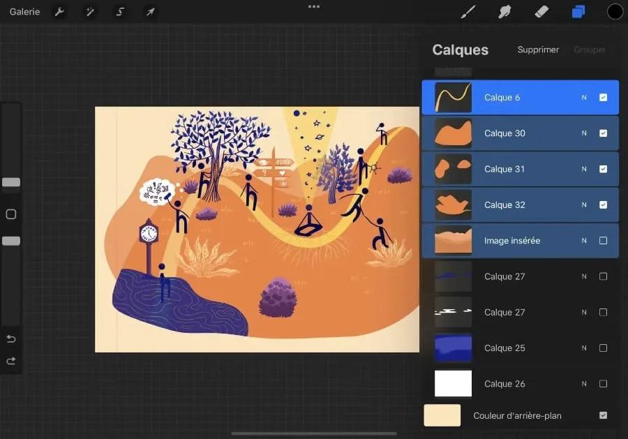 Painel de camadas do Procreate Tela do Procreate com uma ilustração em tons de laranja e azul e, à direita, o painel de camadas aberto com várias camadas listadas