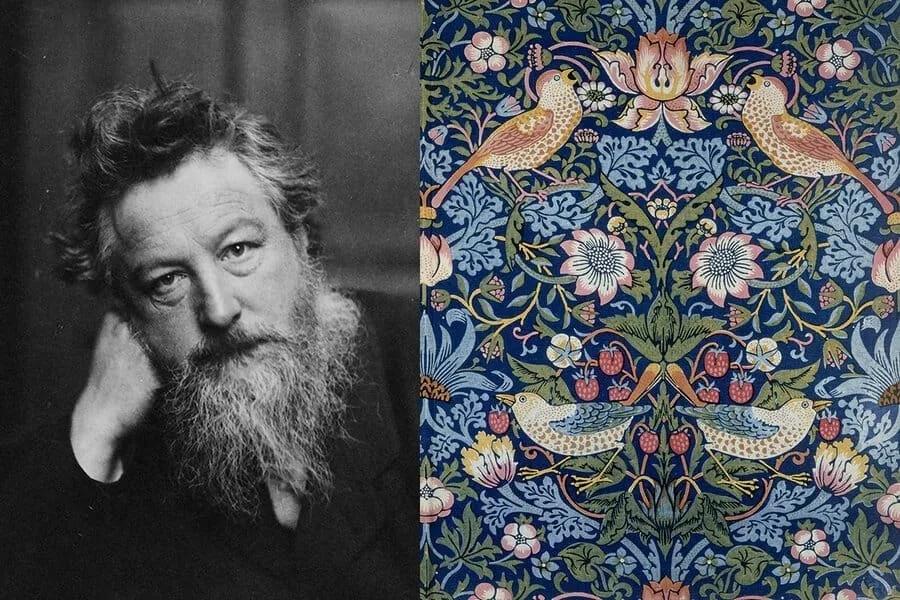 William Morris Retrato de William Morris ao lado de um tecido estampado com pássaros e flores