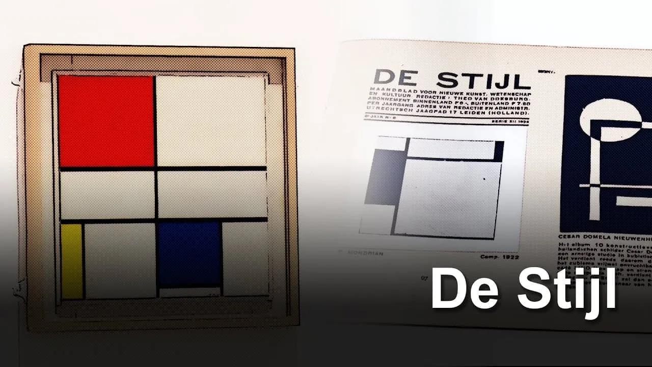 Pintura com quadrados de cores primárias e linhas pretas ao lado de uma capa da revista De Stijl