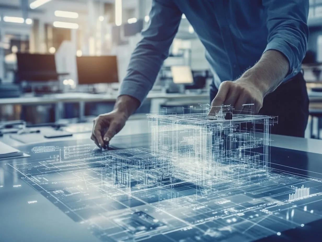Arquiteto de camisa azul manipula com as mãos um modelo tridimensional de edifício projetado sobre uma mesa digital