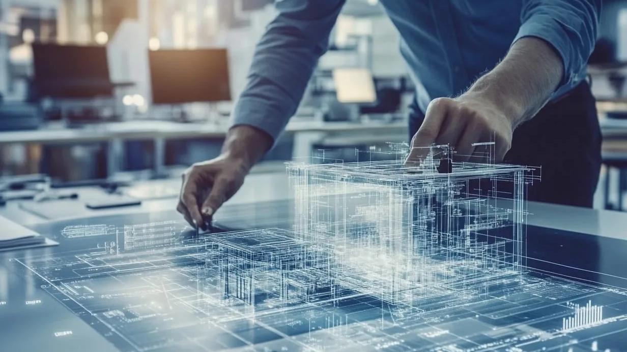 Arquiteto de camisa azul manipula com as mãos um modelo tridimensional de edifício projetado sobre uma mesa digital