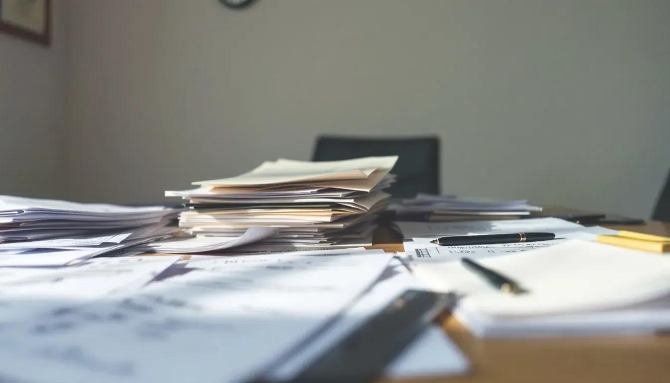 Mesa coberta de documentos e formulários organizados