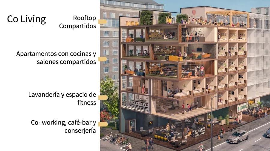 Corte de um edifício de coliving Corte ilustrado de um edifício de coliving mostrando terraço compartilhado, apartamentos com cozinhas e salas comuns, lavanderia, academia, coworking e café no térreo