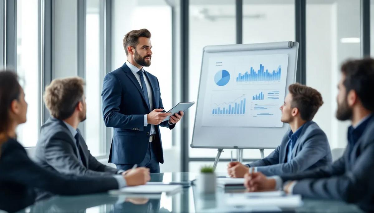 Um profissional está apresentando um relatório de valuation, destacando a avaliação de empresas e o valor de mercado, para uma equipe executiva atenta. O ambiente é de negócios, com gráficos e dados sobre fluxo de caixa e metodologias de avaliação visíveis na tela.