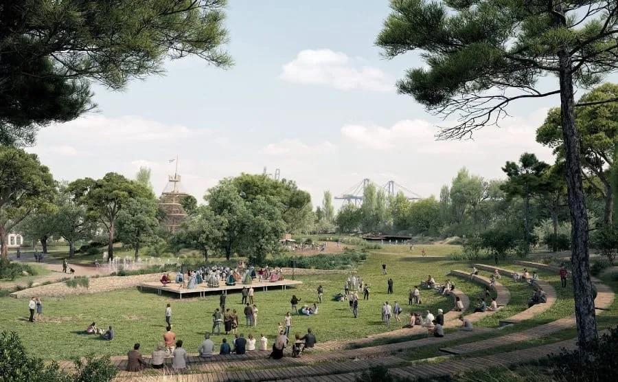 Área de convívio do futuro parque Imagem do projeto com gramado, árvores e pessoas sentadas em arquibancadas ao redor de uma área central