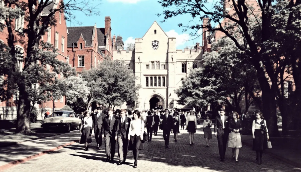 Estudantes caminham por um campus universitário em direção ao portal de pedra de um edifício acadêmico, entre prédios de tijolo aparente e árvores.