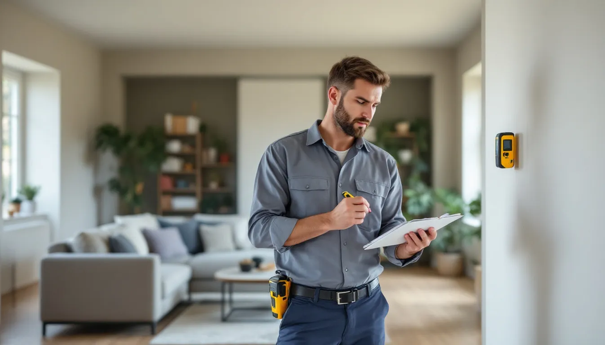 Um profissional, atuando como perito avaliador de imóveis, está realizando uma avaliação técnica de um imóvel utilizando equipamentos de medição. Ele se concentra em coletar dados precisos para elaborar um laudo pericial que determine o valor de mercado da propriedade.
