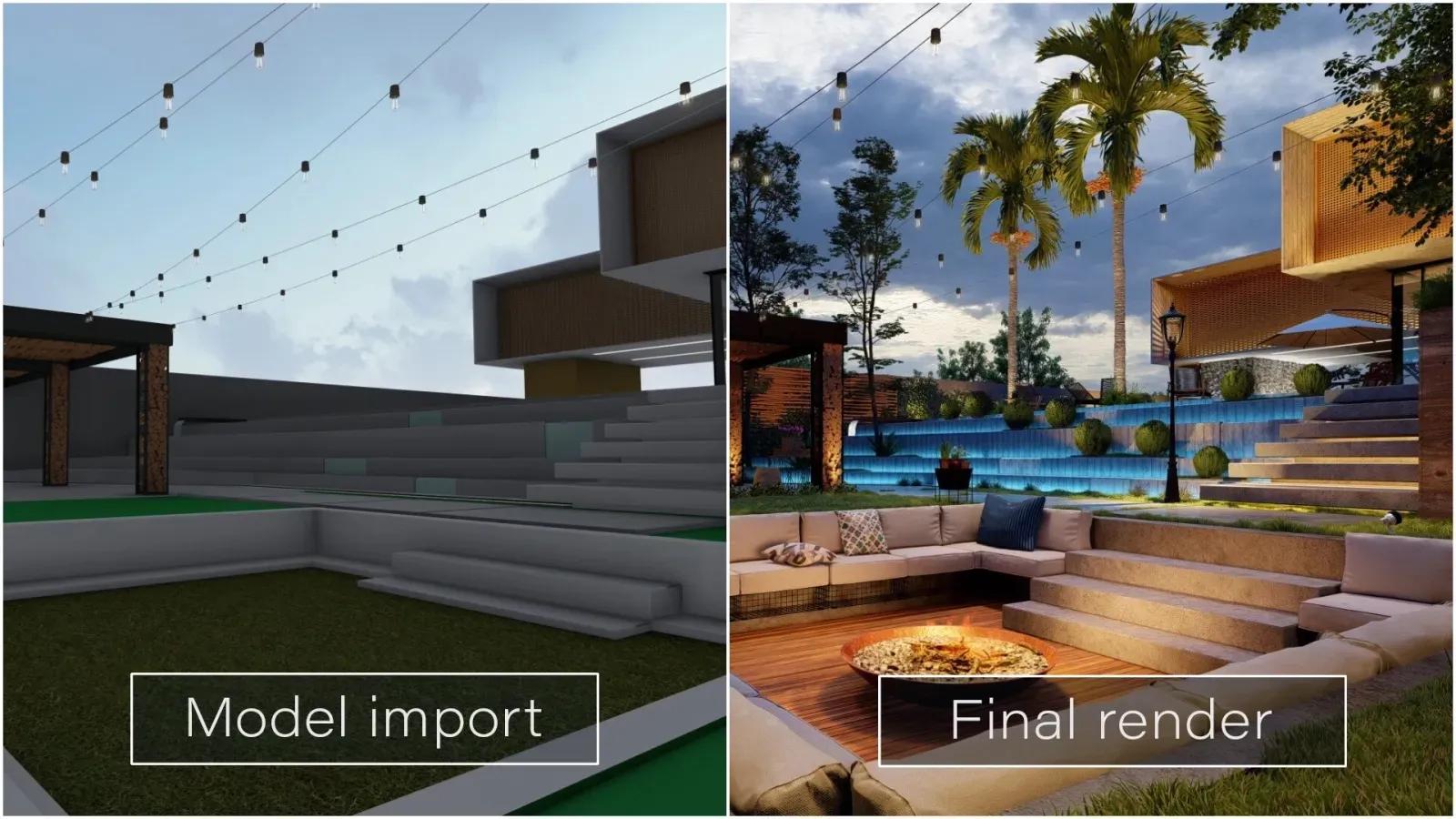 Modelo importado e render final no Lumion Comparação lado a lado de uma área externa com lareira e jardim: à esquerda, o modelo importado sem acabamento; à direita, o render final iluminado