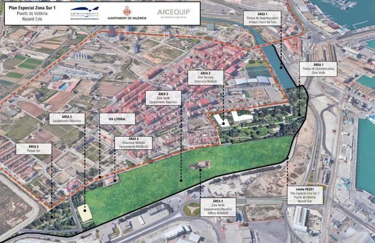 Plano especial da área de Natzaret Mapa do plano especial com a área verde prevista entre o bairro de Natzaret e o porto, com números de trechos