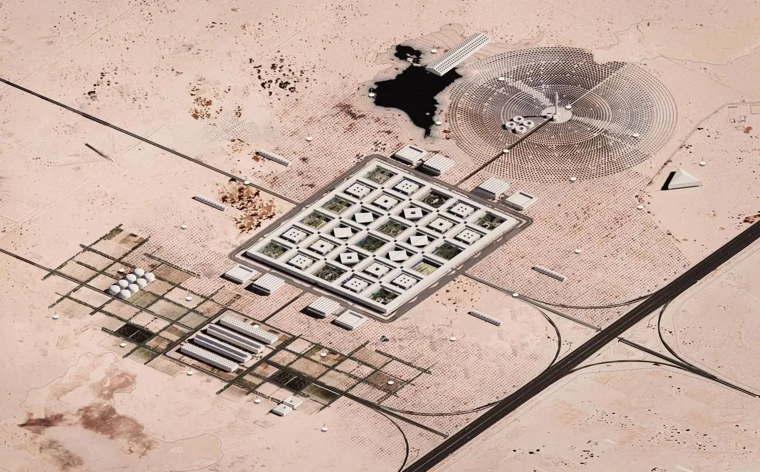 Vista aérea de simulação com o conjunto hospitalar, as áreas de apoio e a fazenda solar circular no deserto, cortados por estradas