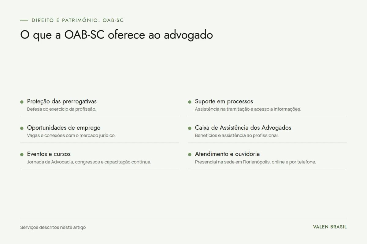 Quadro com os seis serviços da OAB-SC: proteção das prerrogativas, suporte em processos, oportunidades de emprego, Caixa de Assistência, eventos com cursos e atendimento com ouvidoria