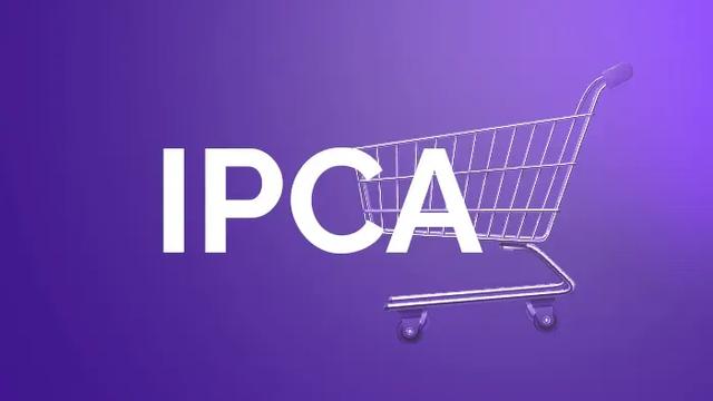 Carrinho de supermercado sobre fundo roxo, ao lado da sigla IPCA em letras brancas.