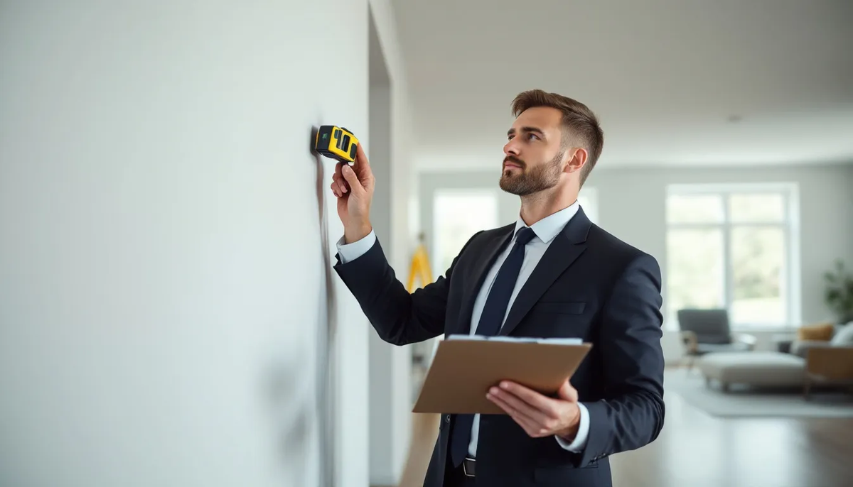 Um profissional está realizando uma vistoria técnica em um imóvel residencial, utilizando uma prancheta e equipamentos de medição, com foco na avaliação imobiliária e nas características físicas do imóvel, de acordo com a norma NBR 14653 1. O avaliador analisa o estado de conservação e coleta dados importantes para determinar o valor de mercado e as condições do imóvel.