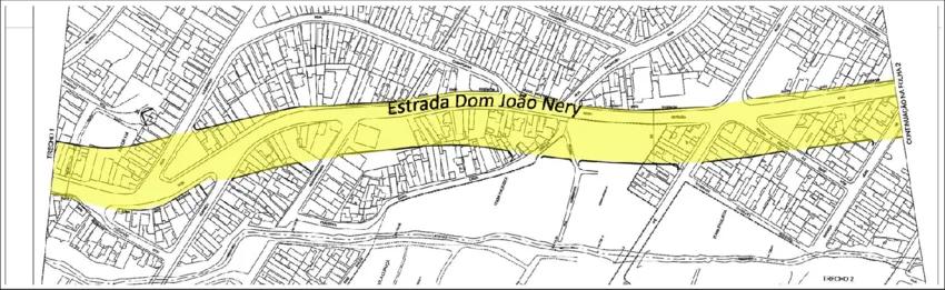 Mapa com faixa destacada em amarelo ao longo da Estrada Dom João Nery, mostrando a área atingida por desapropriação