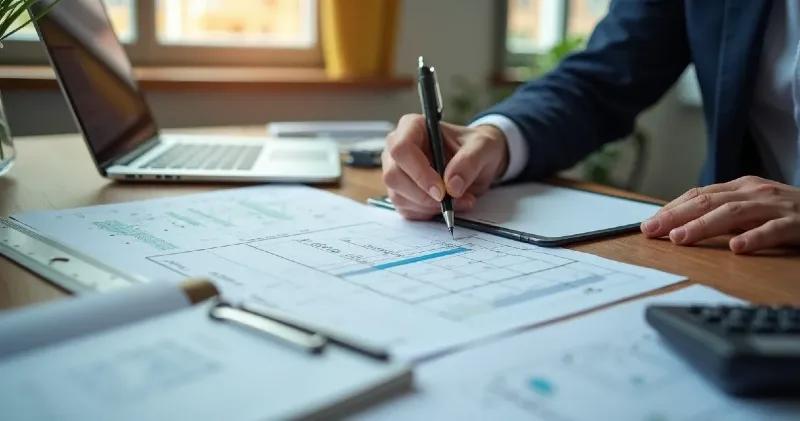 Mãos de profissional escrevem sobre planilhas e gráficos impressos, com notebook e calculadora na mesa