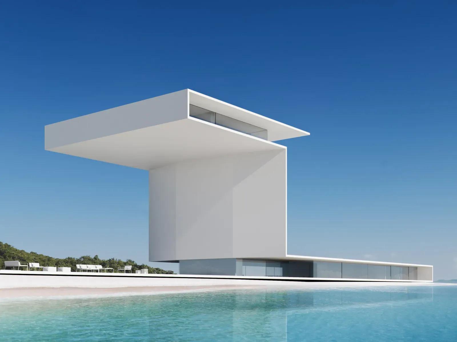 Casa Sphinx, Egito Edifício branco em forma de T, com o volume superior em balanço sobre uma base alongada à beira da água