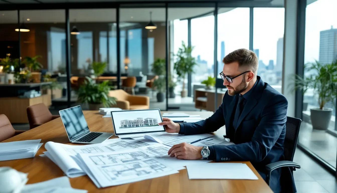 Engenheiro analisa plantas e documentos de um imóvel comercial em escritório