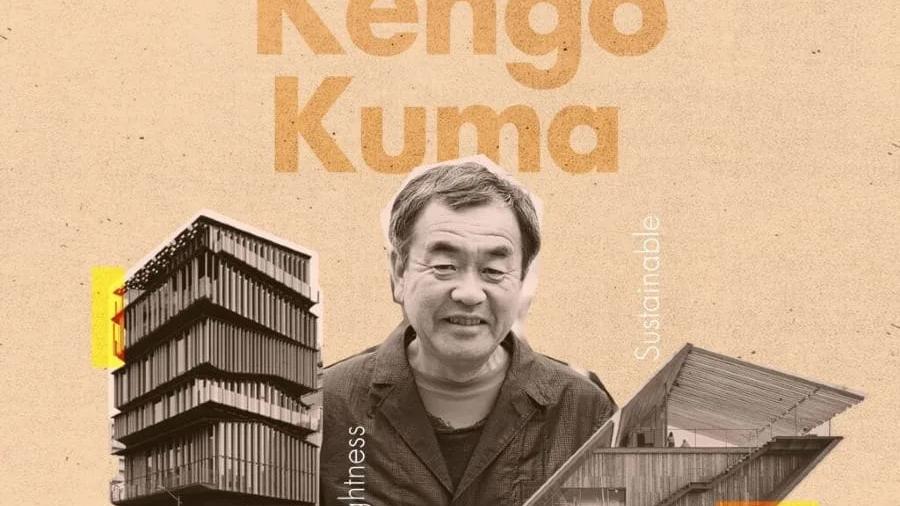 Colagem com retrato de Kengo Kuma e duas de suas obras em madeira