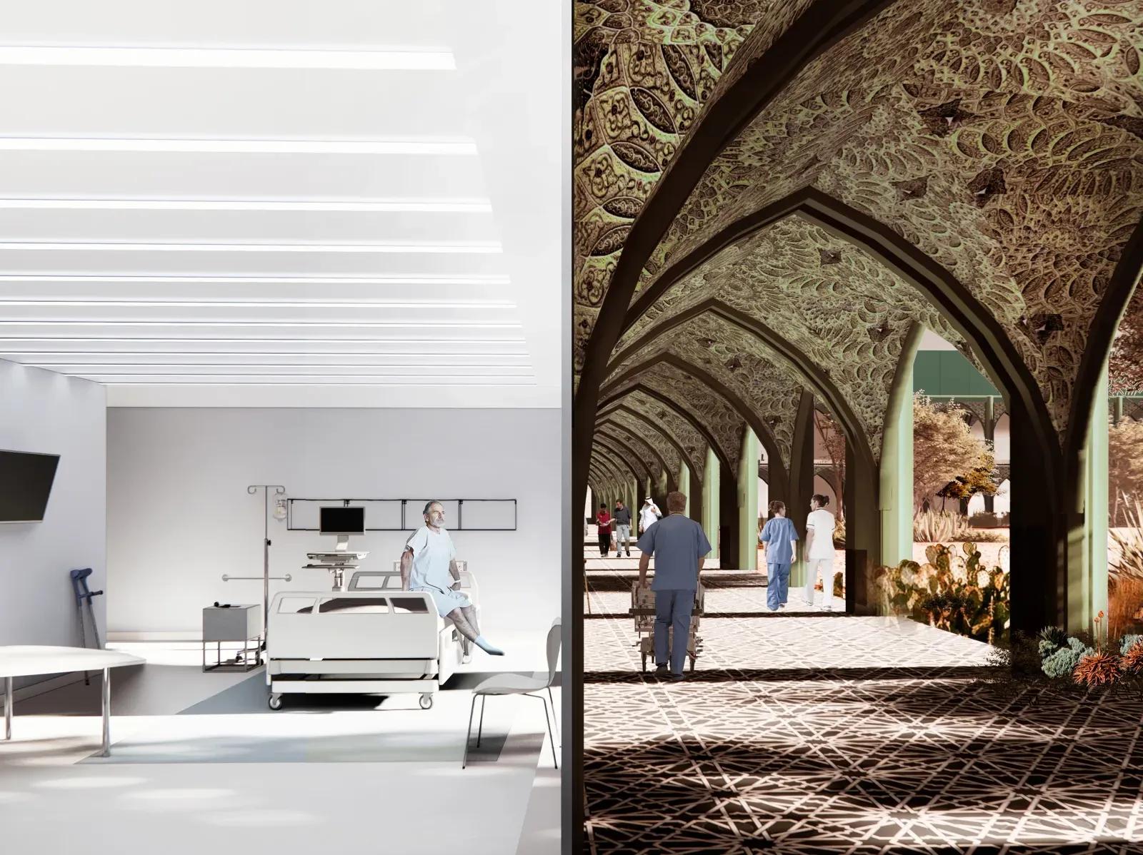 Imagem dividida: à esquerda, um quarto de hospital branco e simples; à direita, um corredor com arcos ornamentados, pessoas e plantas