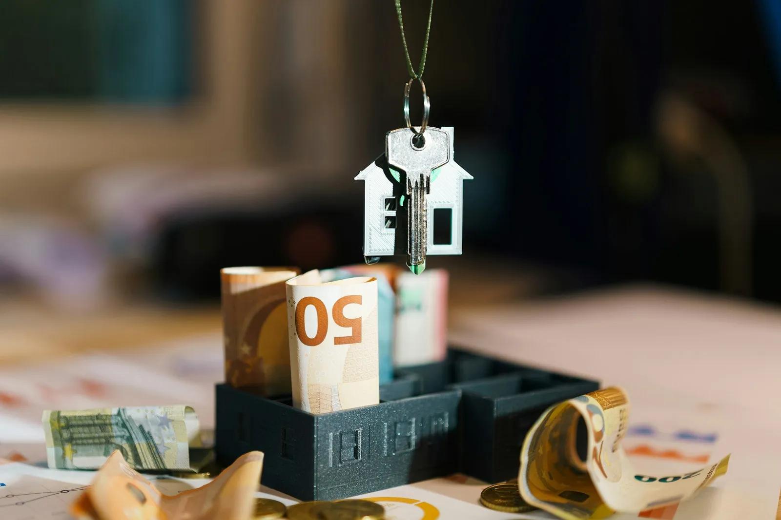 Chave com chaveiro em forma de casa pendurada sobre notas de dinheiro enroladas dentro de uma miniatura de casa