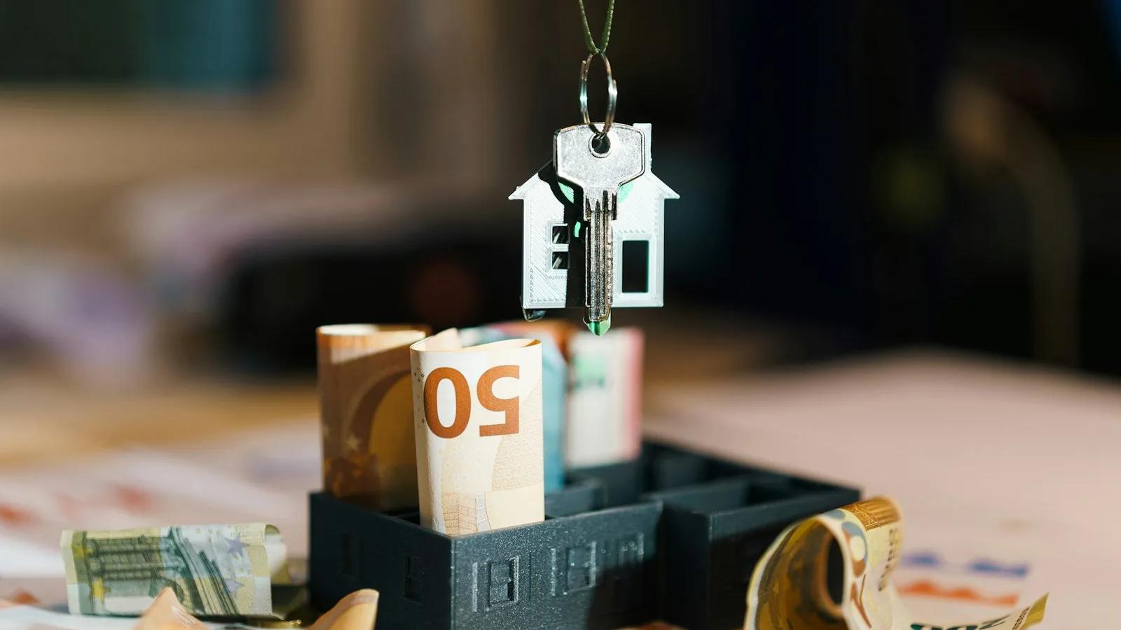 Chave com chaveiro em forma de casa pendurada sobre notas de dinheiro enroladas dentro de uma miniatura de casa