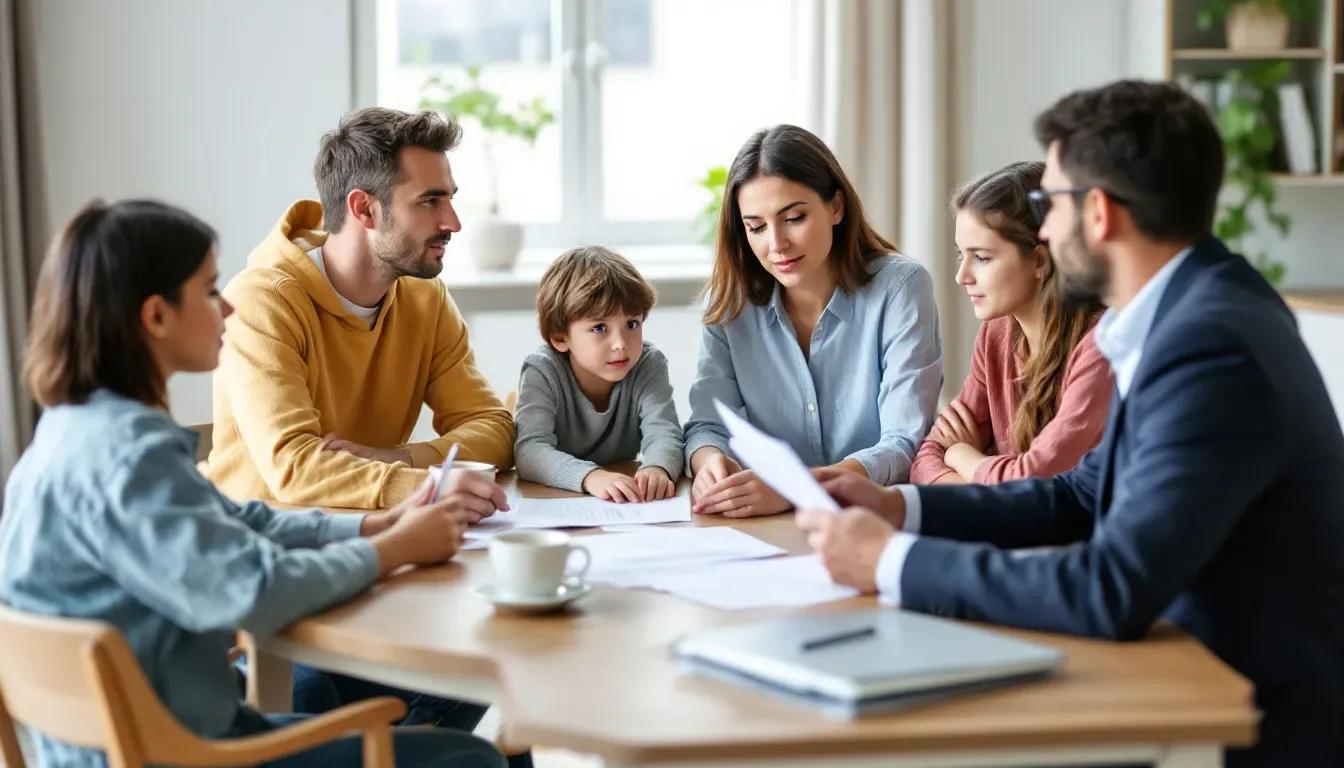 Família reunida com advogado analisando documentos de sucessão