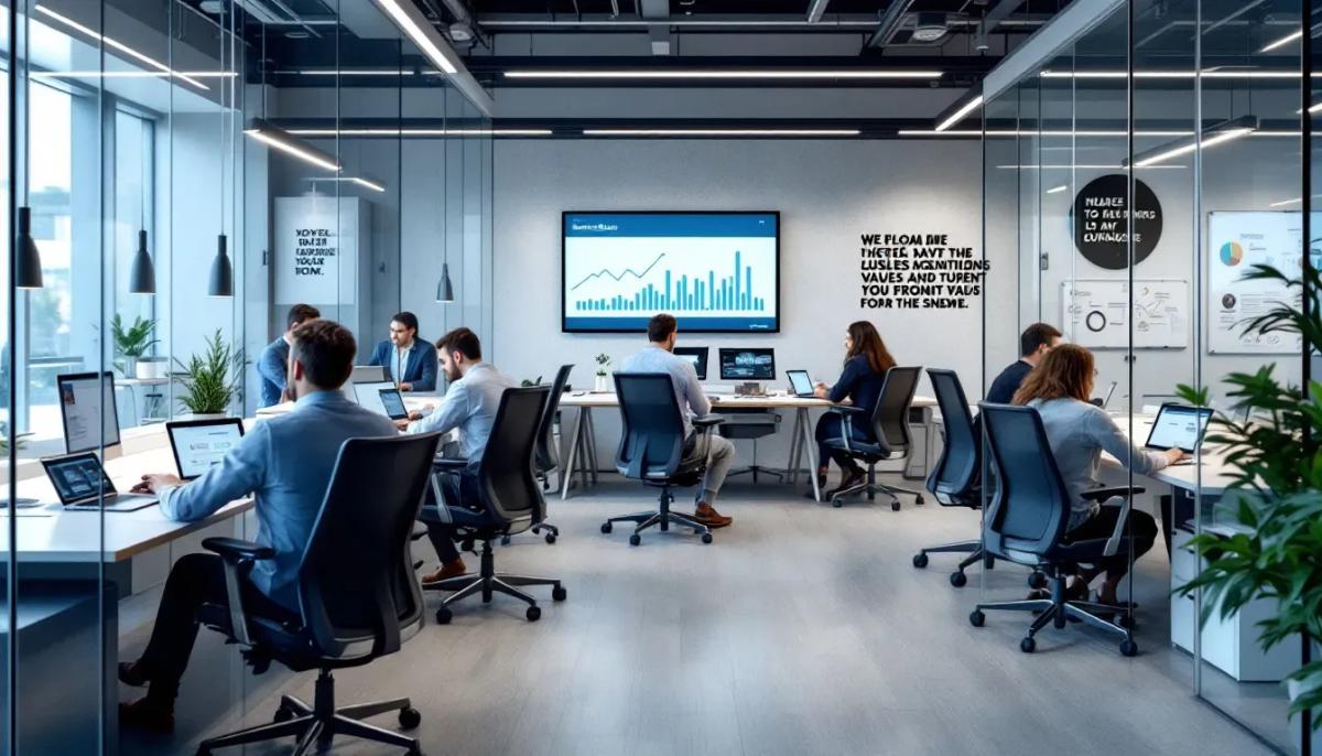 Um ambiente corporativo moderno, com mesas de trabalho elegantes e tecnologia avançada, simboliza o valor empresarial e a importância dos ativos intangíveis, como o capital intelectual e a propriedade intelectual, que contribuem para o crescimento e a valorização das empresas no mercado.
