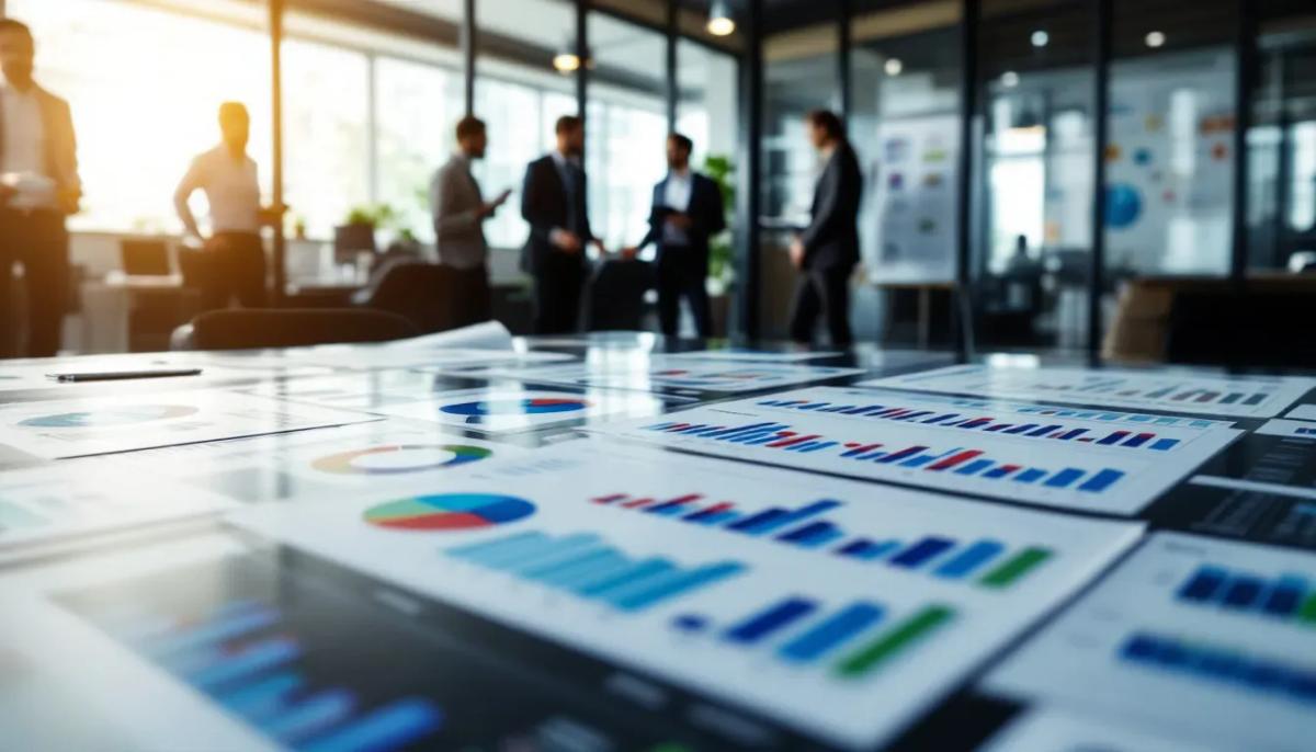 Em um ambiente corporativo, gráficos e análises financeiras são exibidos em uma tela de computador, destacando informações sobre ativos intangíveis, como direitos autorais e marcas, além de dados do balanço patrimonial que refletem o valor de mercado e o patrimônio líquido da empresa. A imagem ilustra a importância da gestão de bens tangíveis e intangíveis para o crescimento e a sustentabilidade dos negócios.