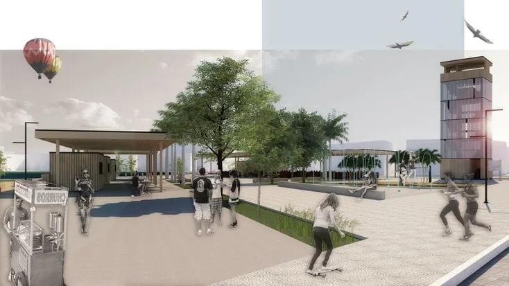 Colagem de praça com árvores, quiosque, pessoas caminhando e andando de skate, torre ao fundo e balão no céu