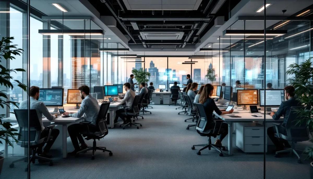 Um ambiente de escritório moderno apresenta profissionais trabalhando em tecnologia digital, com computadores e dispositivos móveis ao redor. O espaço reflete a importância dos ativos intangíveis, como o capital intelectual e a propriedade intelectual, fundamentais para o valor de mercado das empresas.