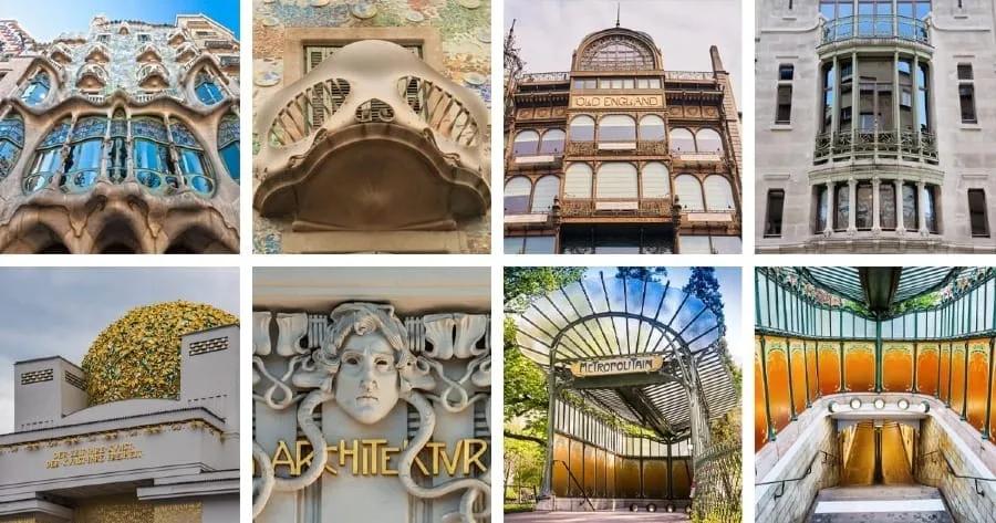 Características do Art Nouveau Mosaico de oito fotos de fachadas, portas e interiores Art Nouveau, com curvas, ferro trabalhado e vitrais