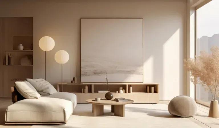 Sala em tons de bege e branco com sofá claro, luminárias de globo e mesa baixa