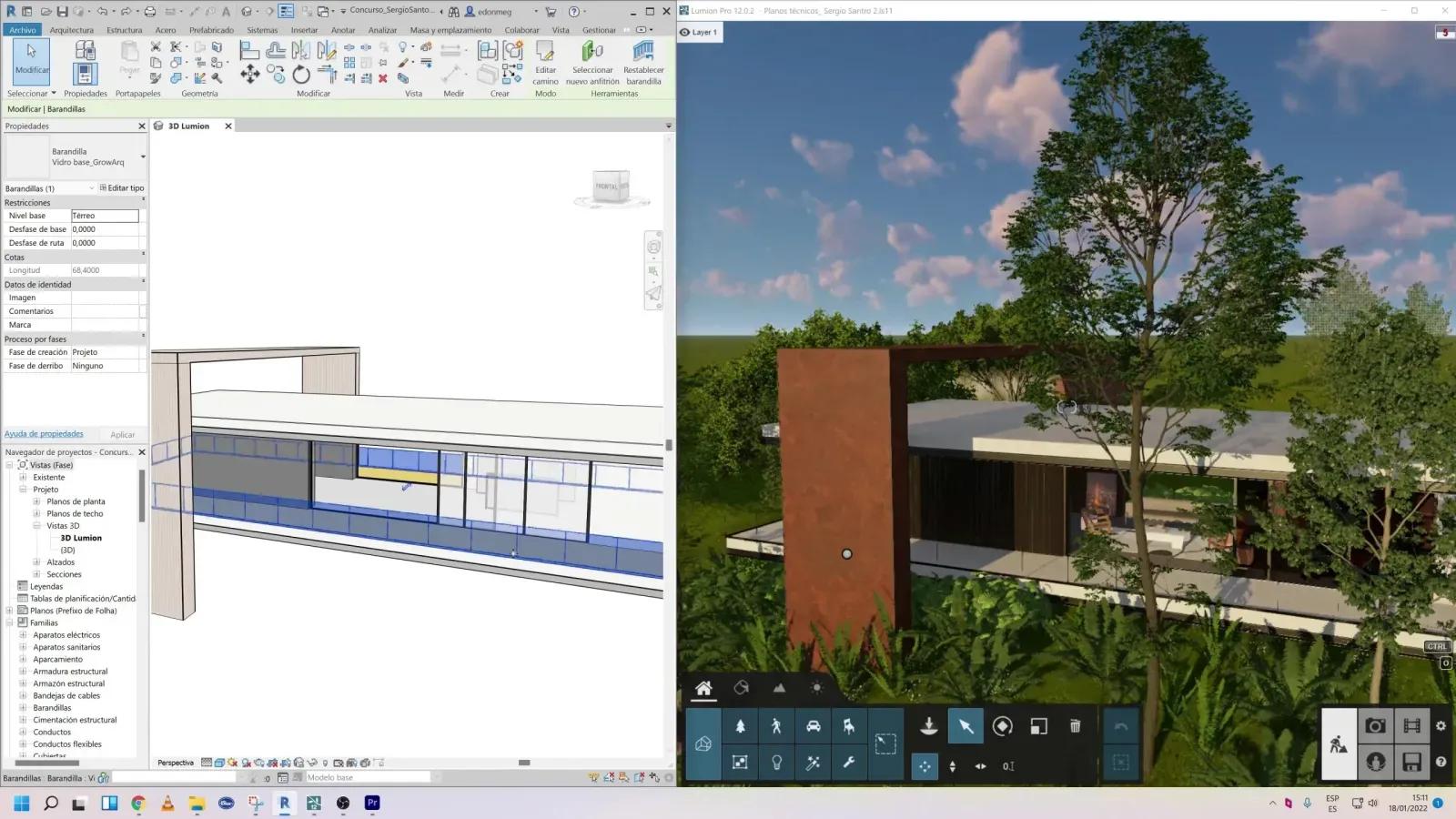 Tela dividida com o modelo de uma casa no Revit à esquerda e a mesma casa renderizada no Lumion à direita, com vegetação tropical